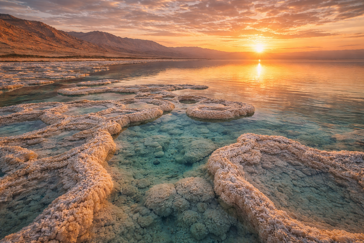 The Dead Sea with salt formations and desert mountains
