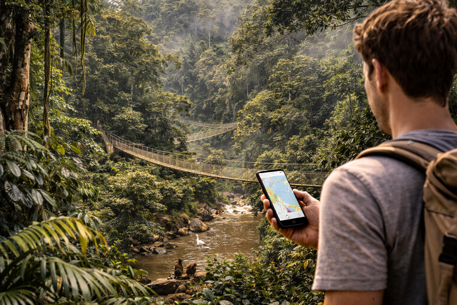 Джунгли Таман Негара с мостами, рекой и путешественником со смартфоном, использующим eSIM
