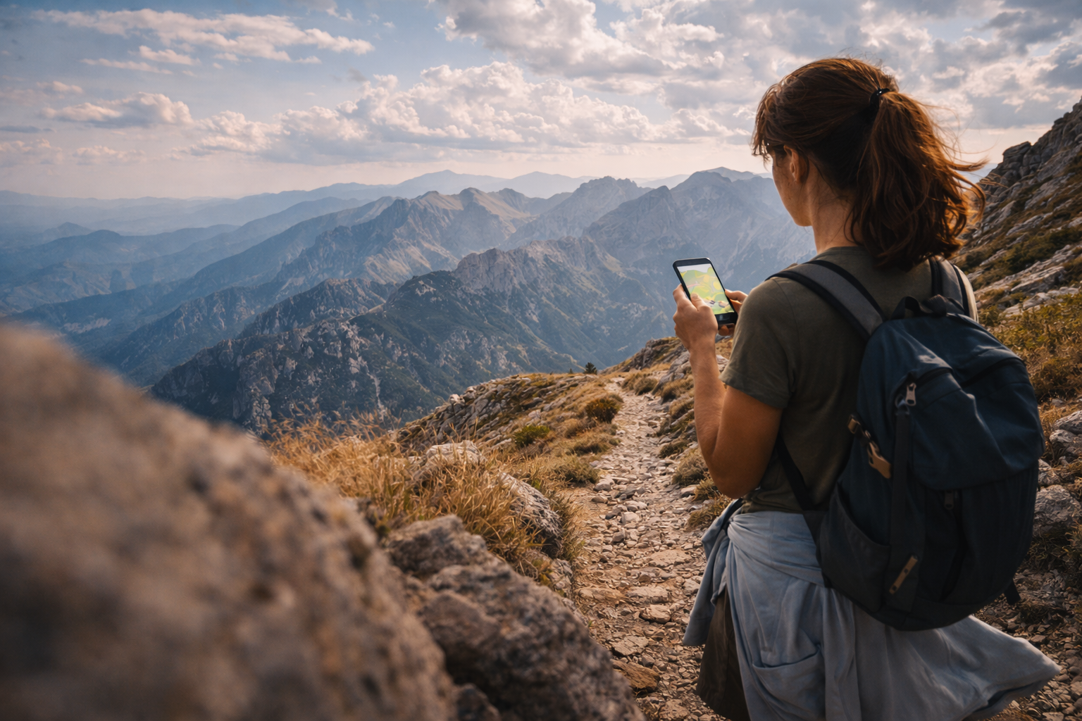 Trekking on Mount Olympus and a traveler using a map on a smartphone with an eSIM
