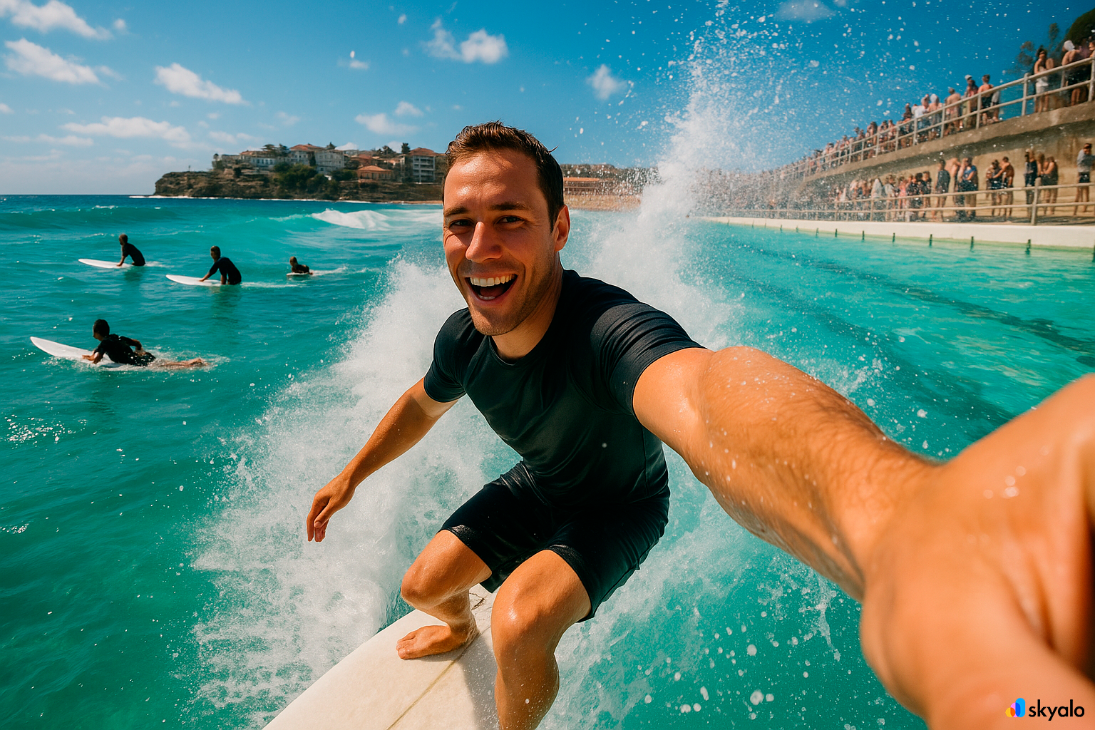 Surfer taking a selfie at Bondi Icebergs pool, always online with eSIM; turquoise ocean and promenade