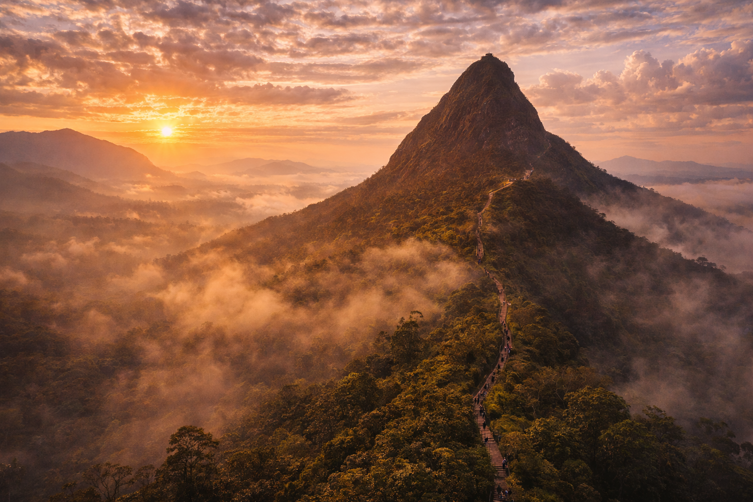 The sacred mountain Adam’s Peak rises above the jungle in central Sri Lanka.