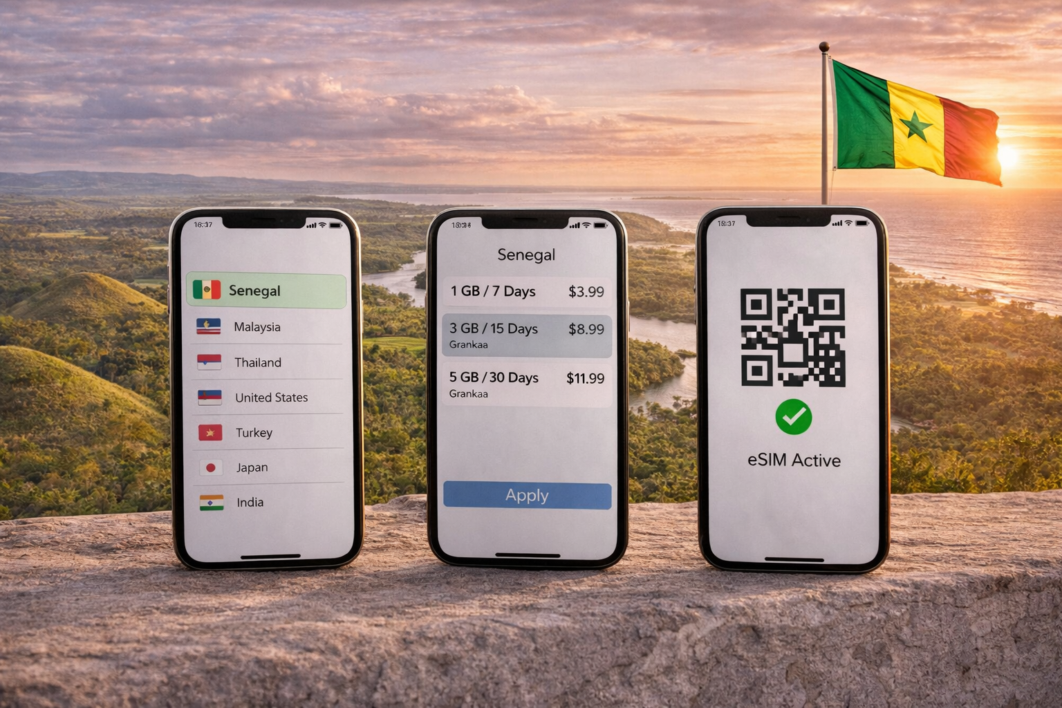 Connecting an eSIM for internet in Senegal on a smartphone—choosing a plan, installing, and activating a travel eSIM.