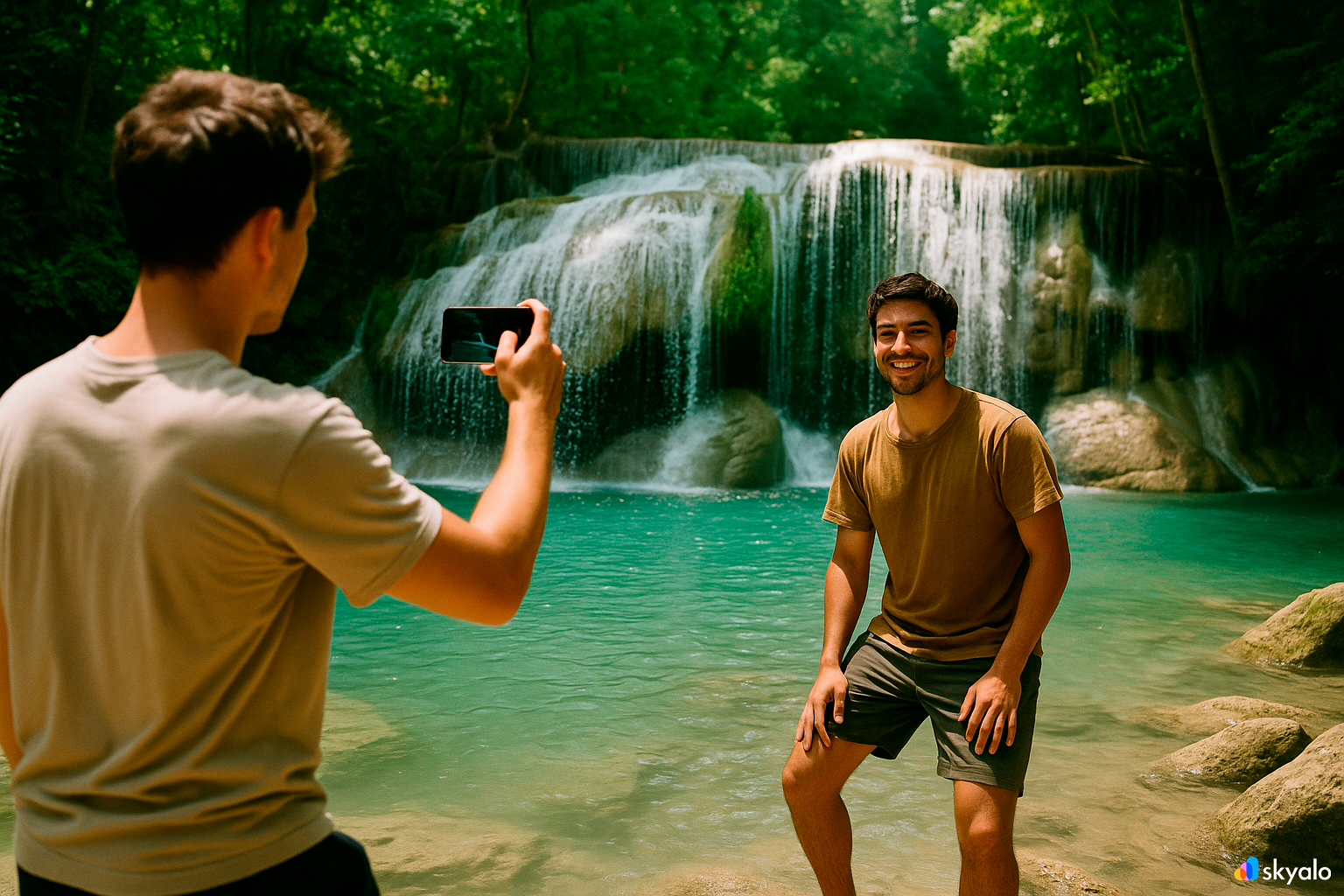 Friends at Erawan Falls — wet, loud, unforgettable