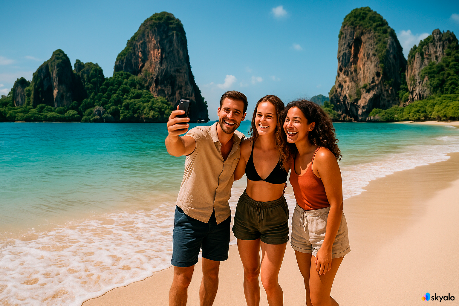 A group of friends at Railay cliffs — sea, white sand, freedom