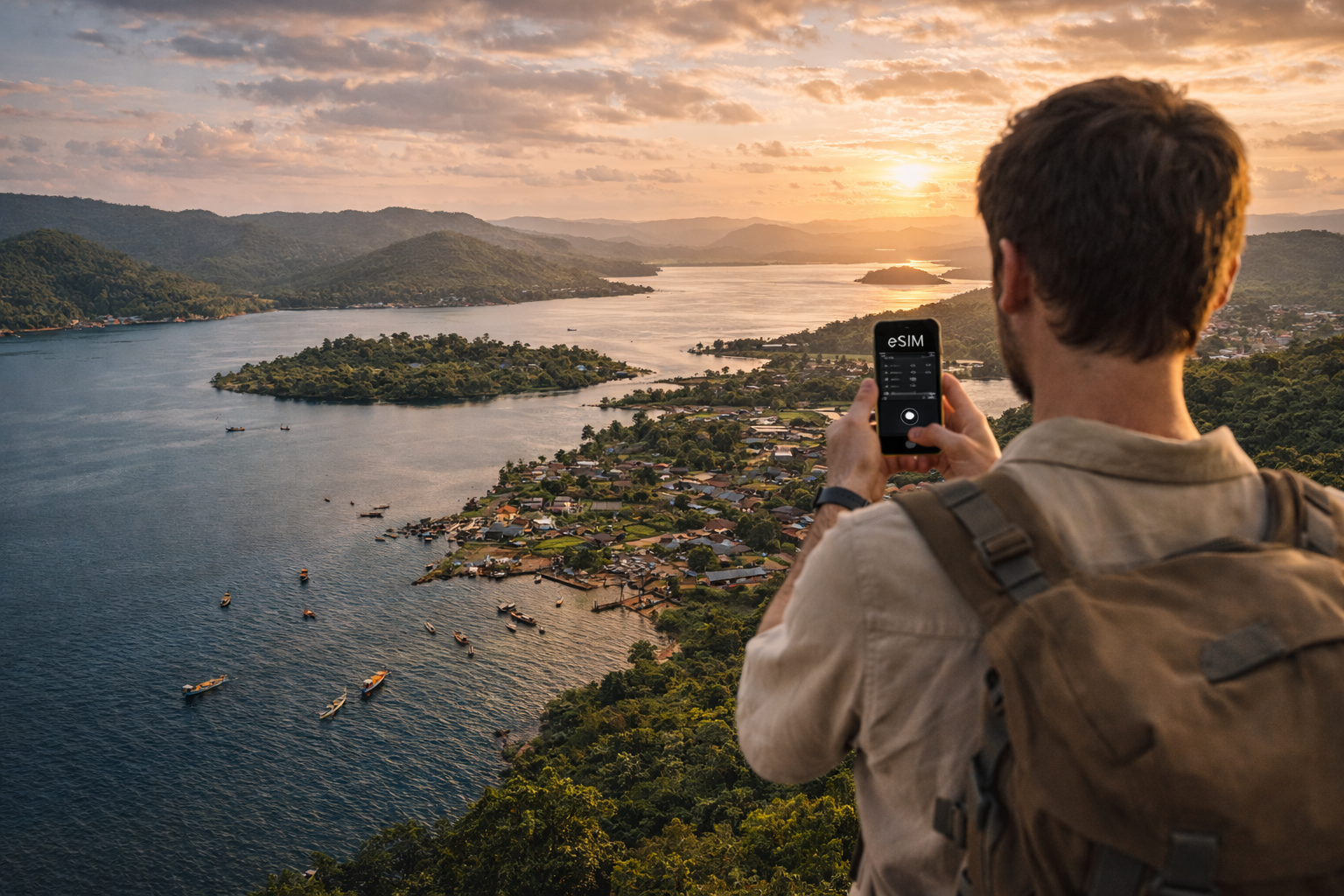 Lake Volta in Ghana and a traveler using a smartphone with an eSIM