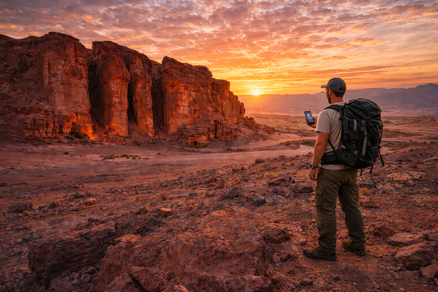 Timna Park’s red cliffs and a traveler using a smartphone with an eSIM
