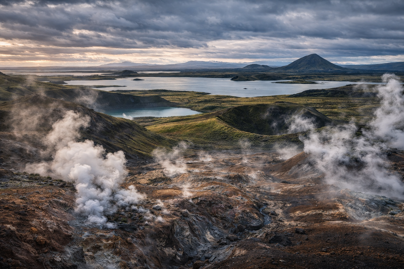 Mývatn apgabals Islandē ar ģeotermālajām zonām, vulkānisko reljefu, ezeru un ziemeļu dabas ainavu
