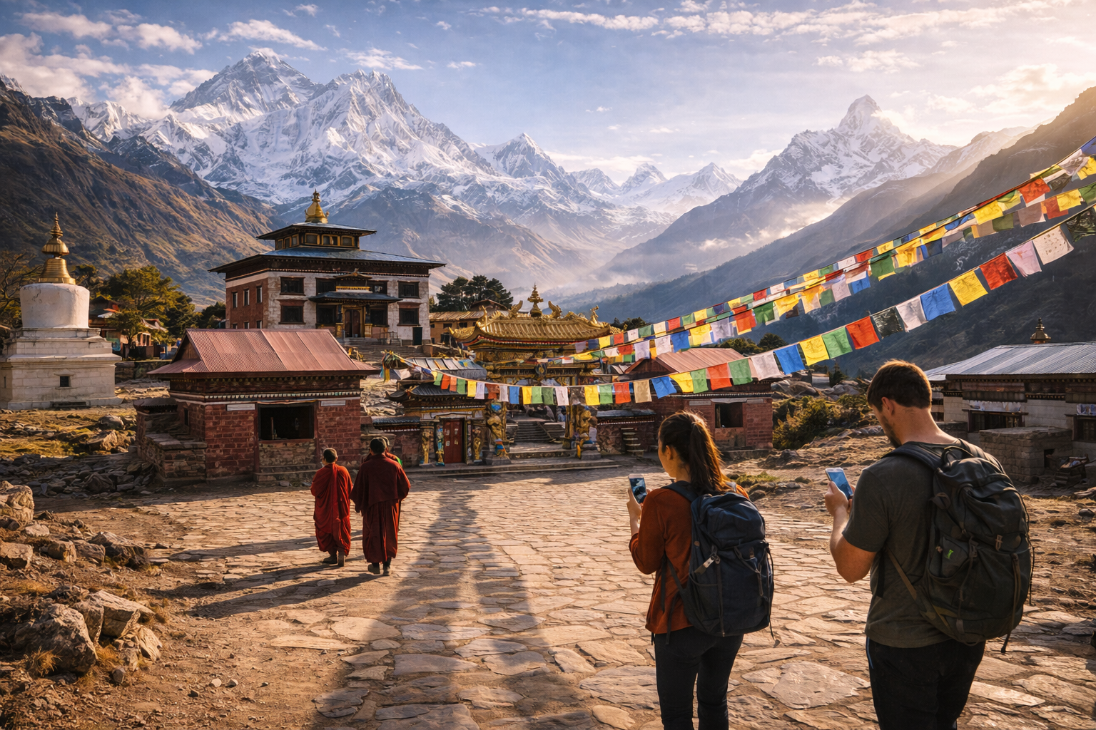 Il monastero di Tengboche nella regione dell’Everest e viaggiatori con smartphone ed eSIM