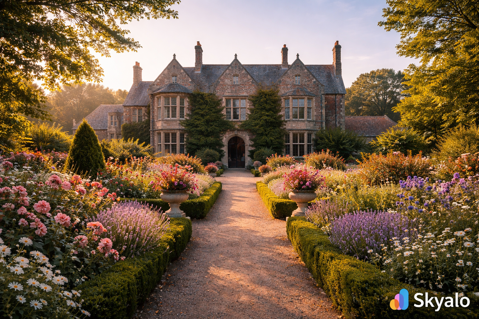 האחוזה ההיסטורית סאמארס בג'רזי עם גנים יפים, צמחים פורחים ואווירה רגועה לטיול.