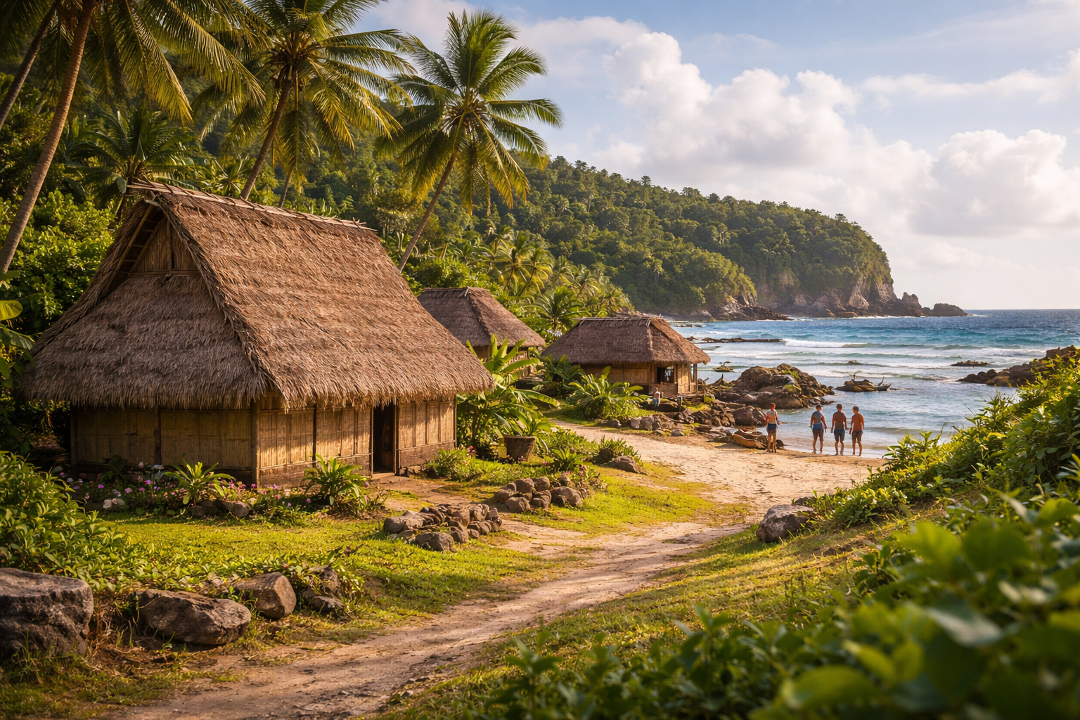 Inarajan village with traditional houses and people in the background