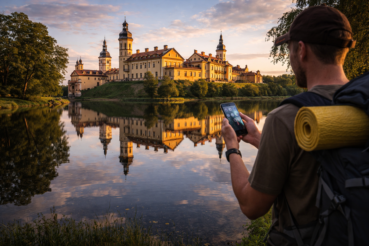 公園と湖のあるネスヴィジ城、旅行中にeSIM搭載スマホを使う旅行者