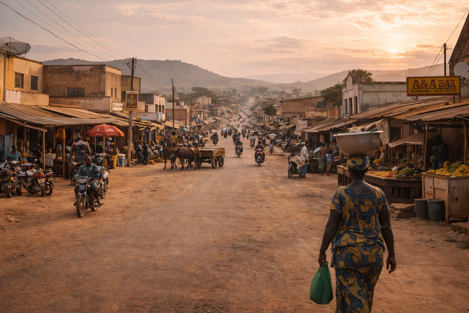 ג'וגו בבנין עם רחובות של עיר צפונית, אדריכלות מקומית, גוונים חמים ואווירה של מסלול יומי אותנטי