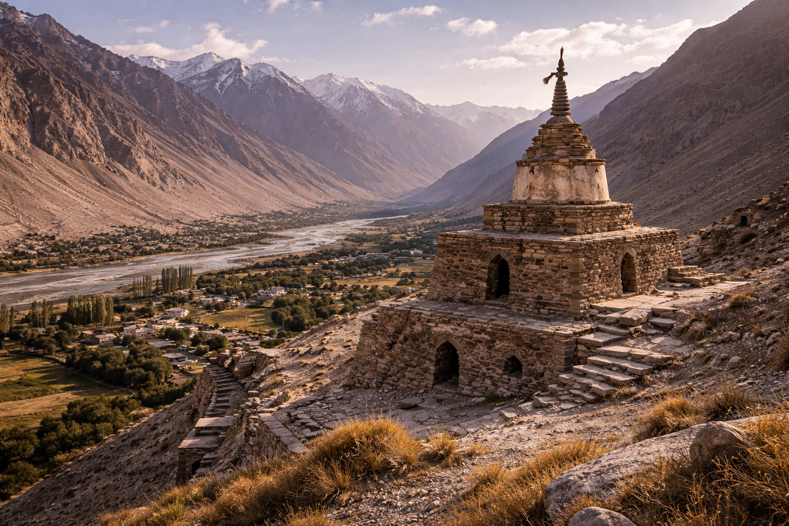המקדש הבודהיסטי בווארנג בטג'יקיסטן עם חורבות עתיקות על מדרון, עמק הררי ואור שמש רך.