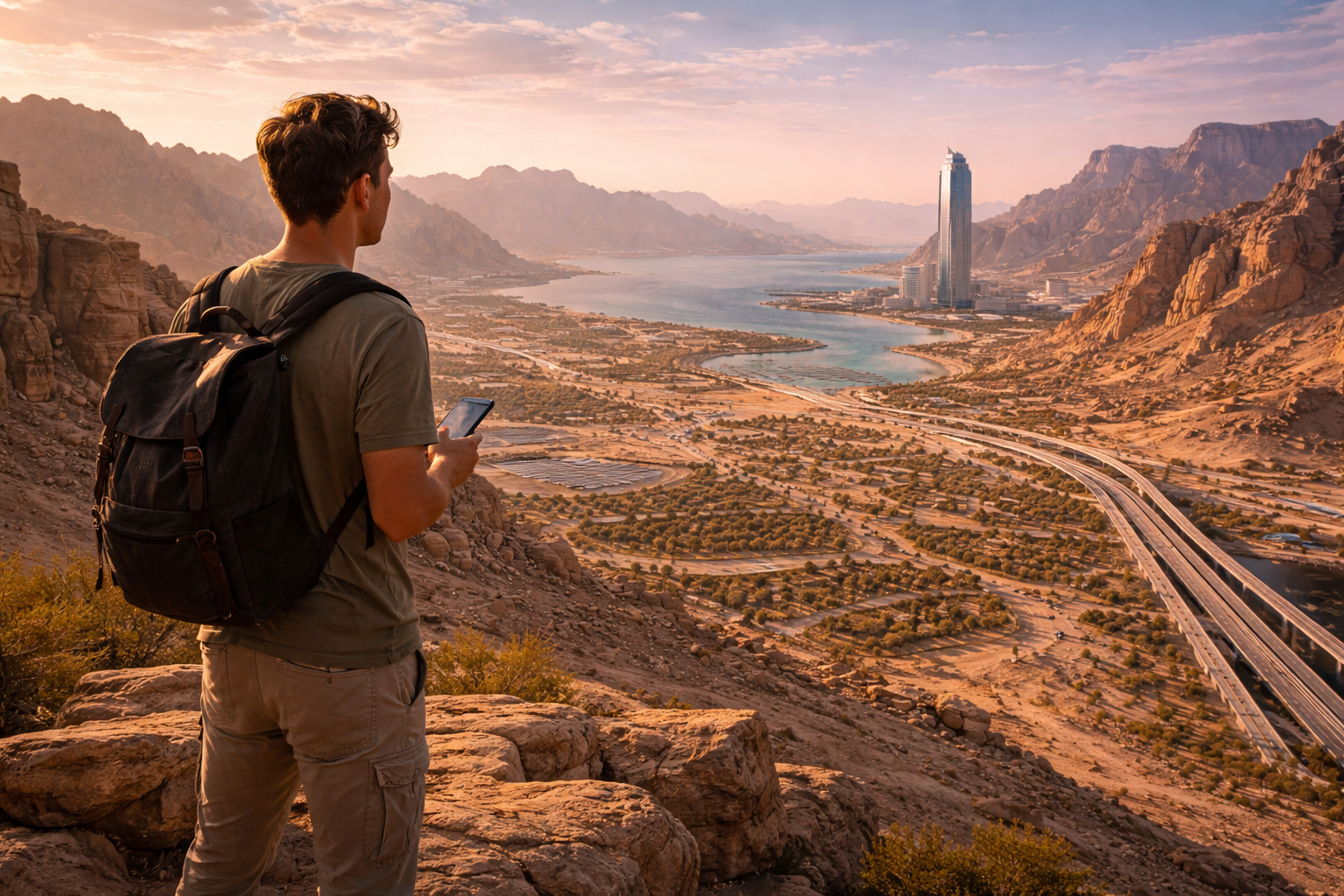 Cestovateľ s gadgetmi v regióne Neom