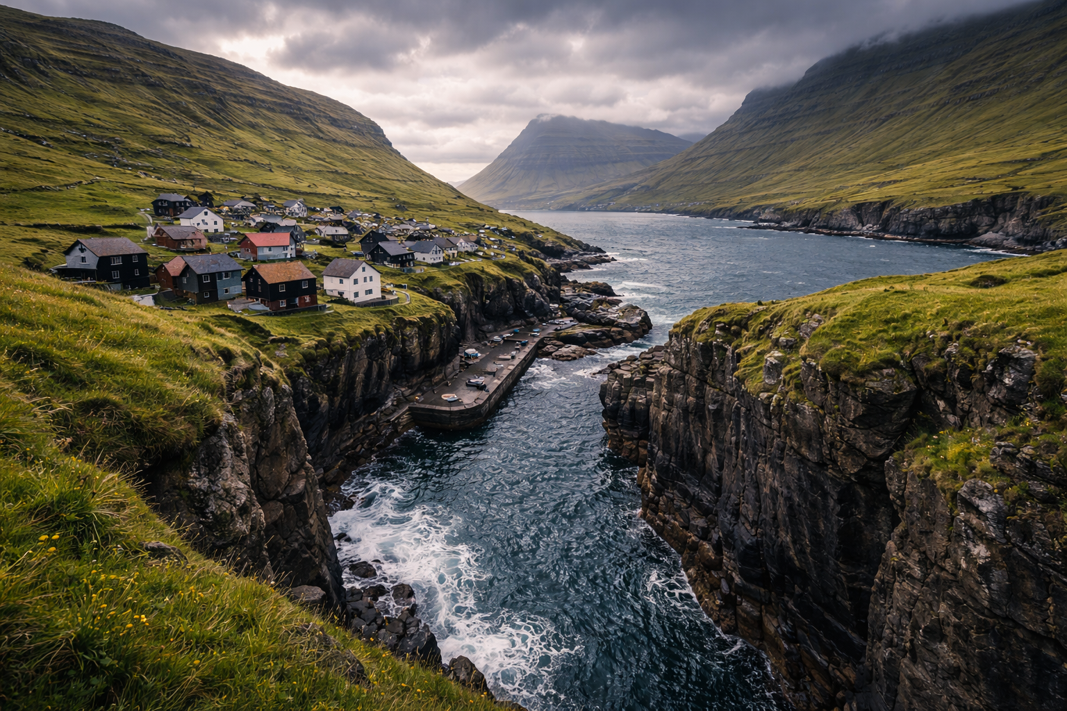 Wioska Gjógv z naturalną zatoką wśród skał