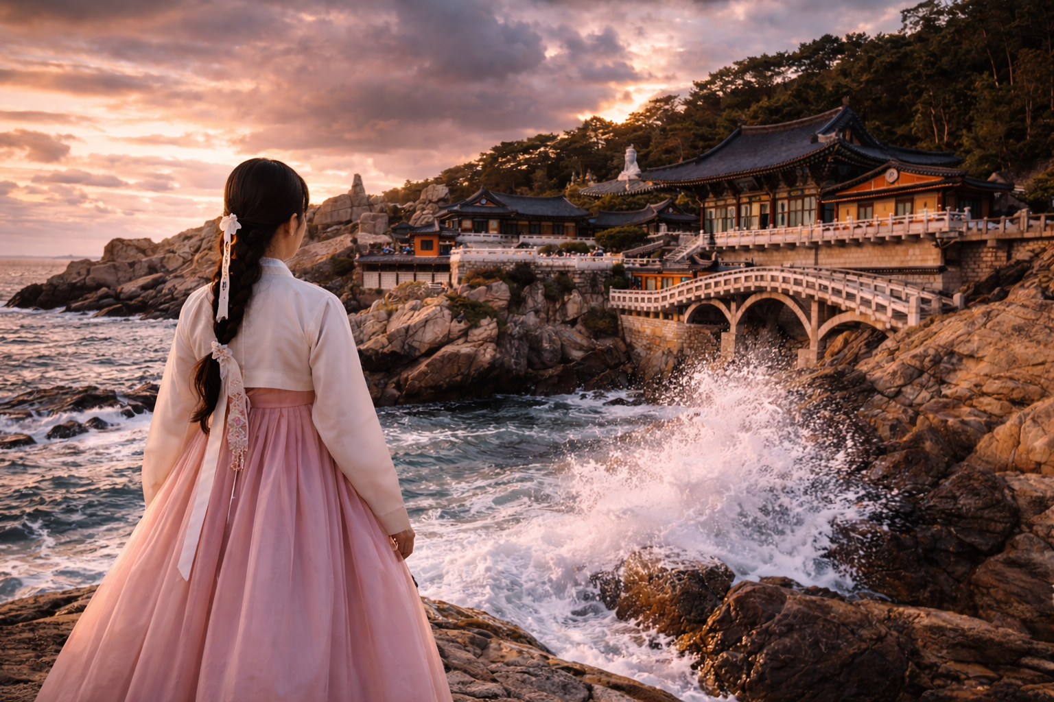 Osoba przy świątyni Haedong Yonggungsa z widokiem na ocean