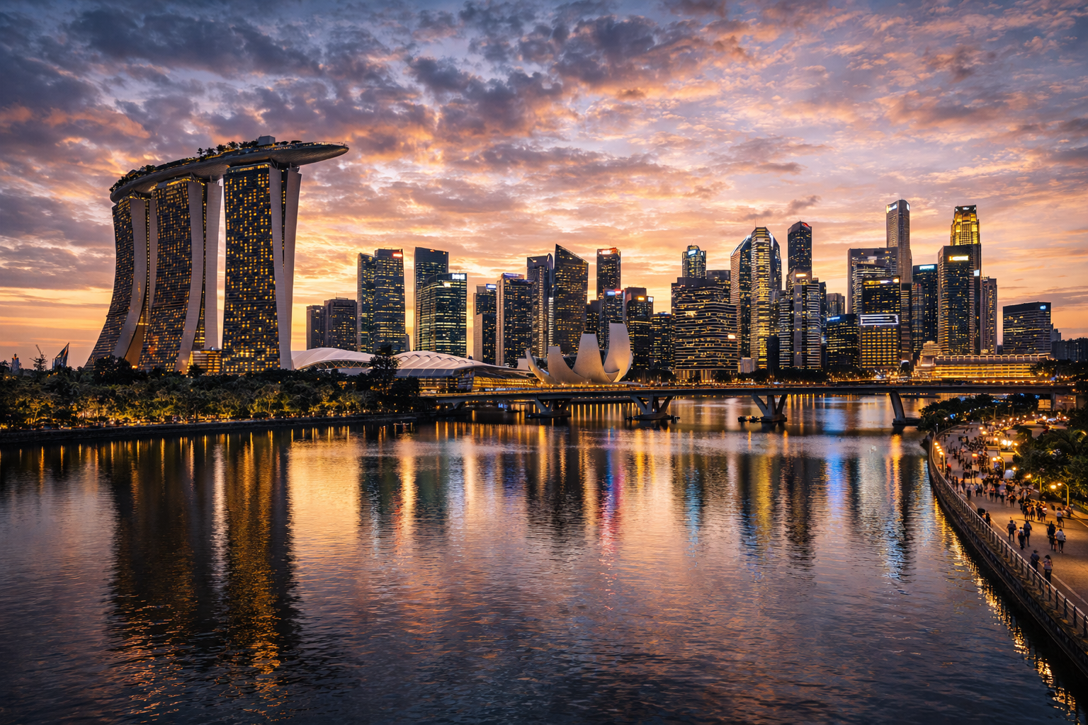 Panorama of the Marina Bay area with skyscrapers and the waterfront.