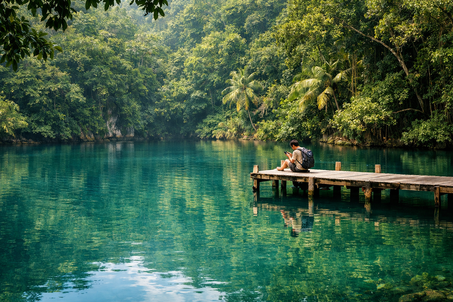 Port Antonio’s Blue Lagoon with tropical greenery, a traveler in the background reviewing a route on their phone