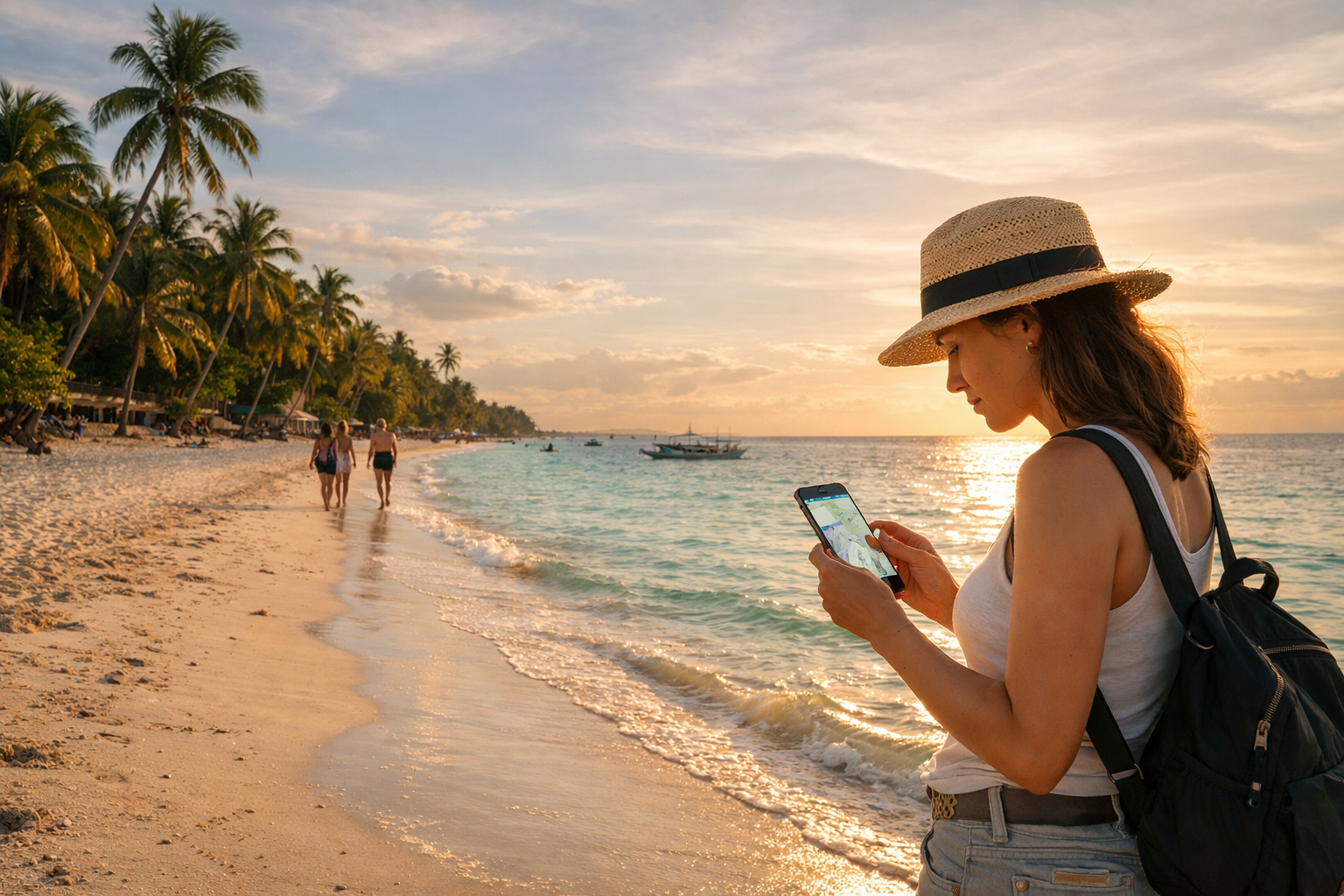 Alona Beach on Panglao Island with white sand and palm trees.