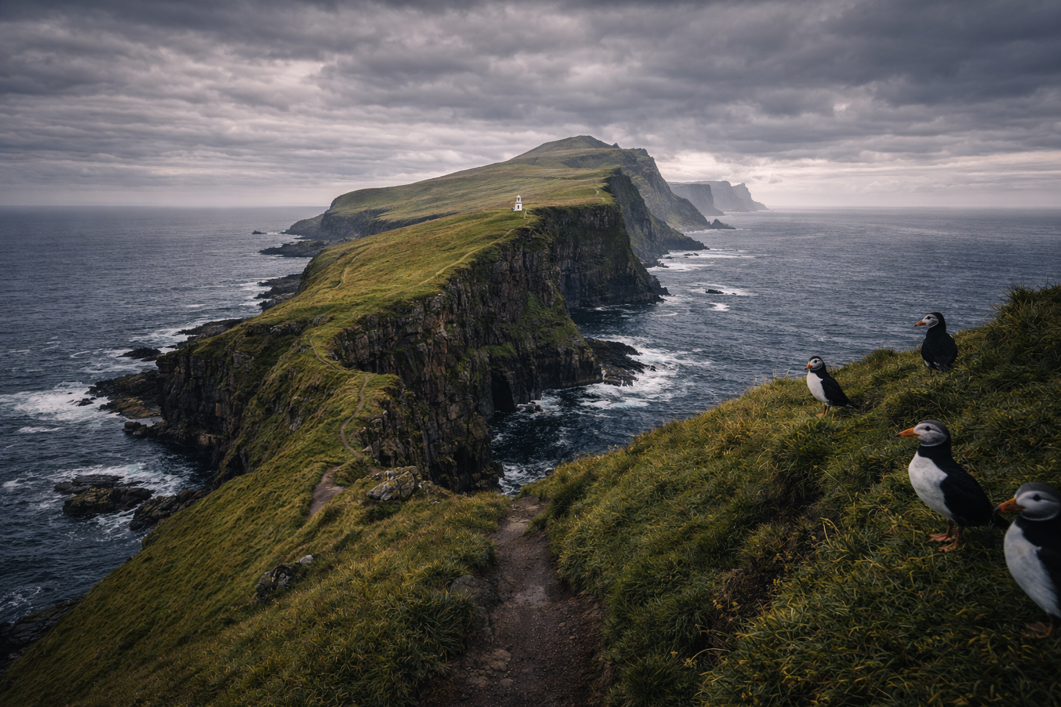 Dzikie klify i trawiaste zbocza wyspy Mykines z widokiem na ocean i surową naturę Wysp Owczych
