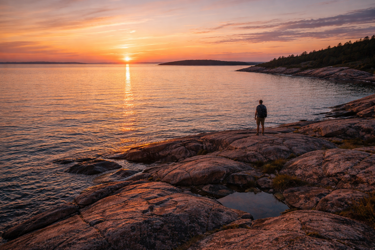 Granite cliffs of the Åland Islands at sunset with a tourist and an eSIM-enabled smartphone