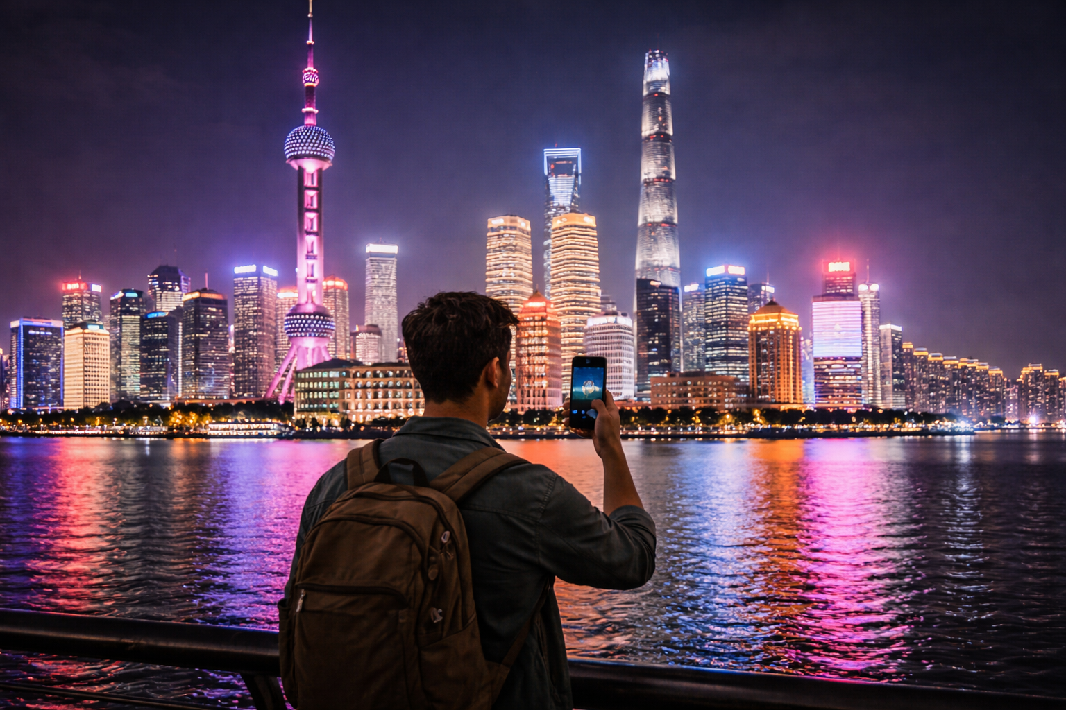 Pudong skyscrapers in Shanghai at night and a tourist with a smartphone with an active eSIM
