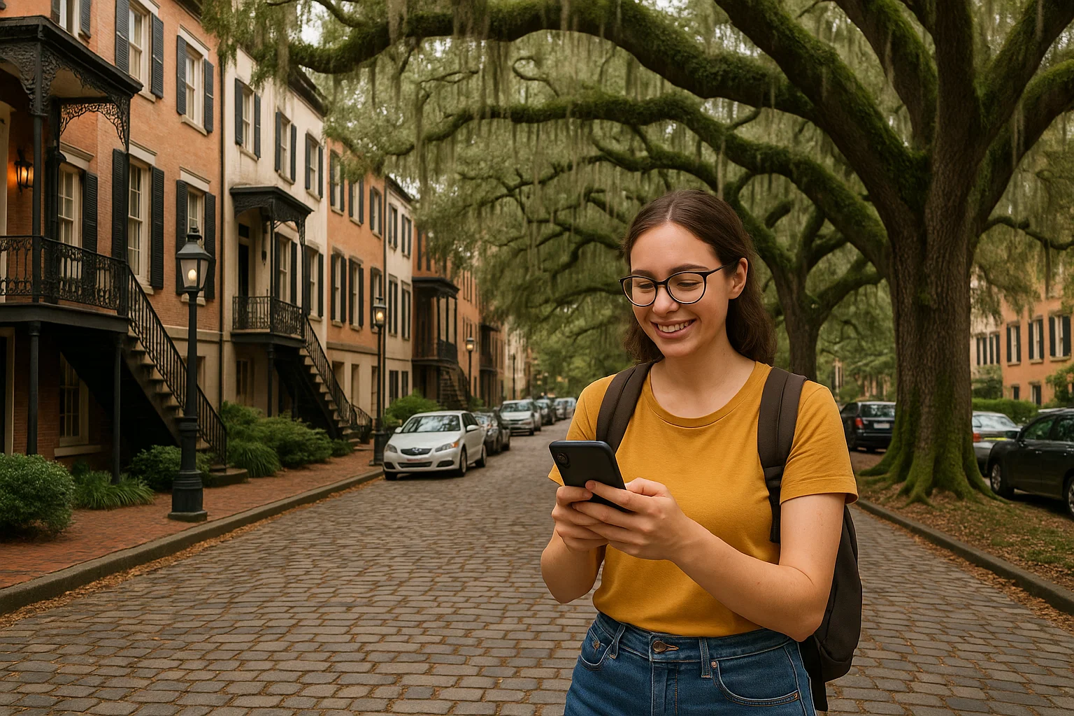 Traveler walking under trees in Savannah