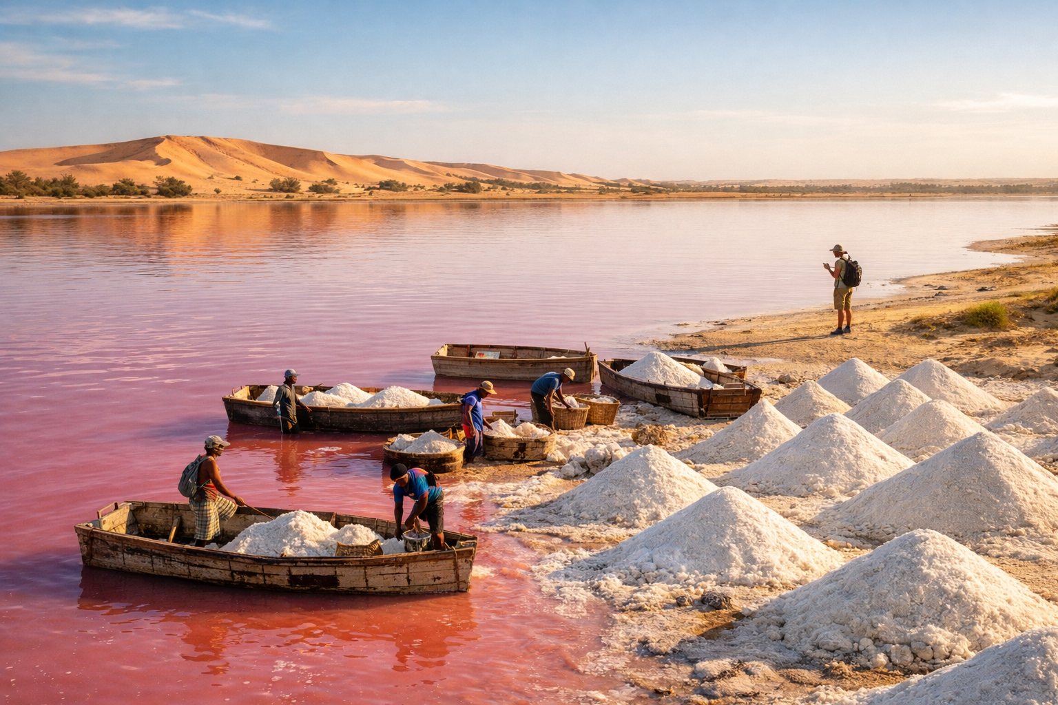 Lake Retba (Pink Lake) with its unusual water color and boats used for salt harvesting.