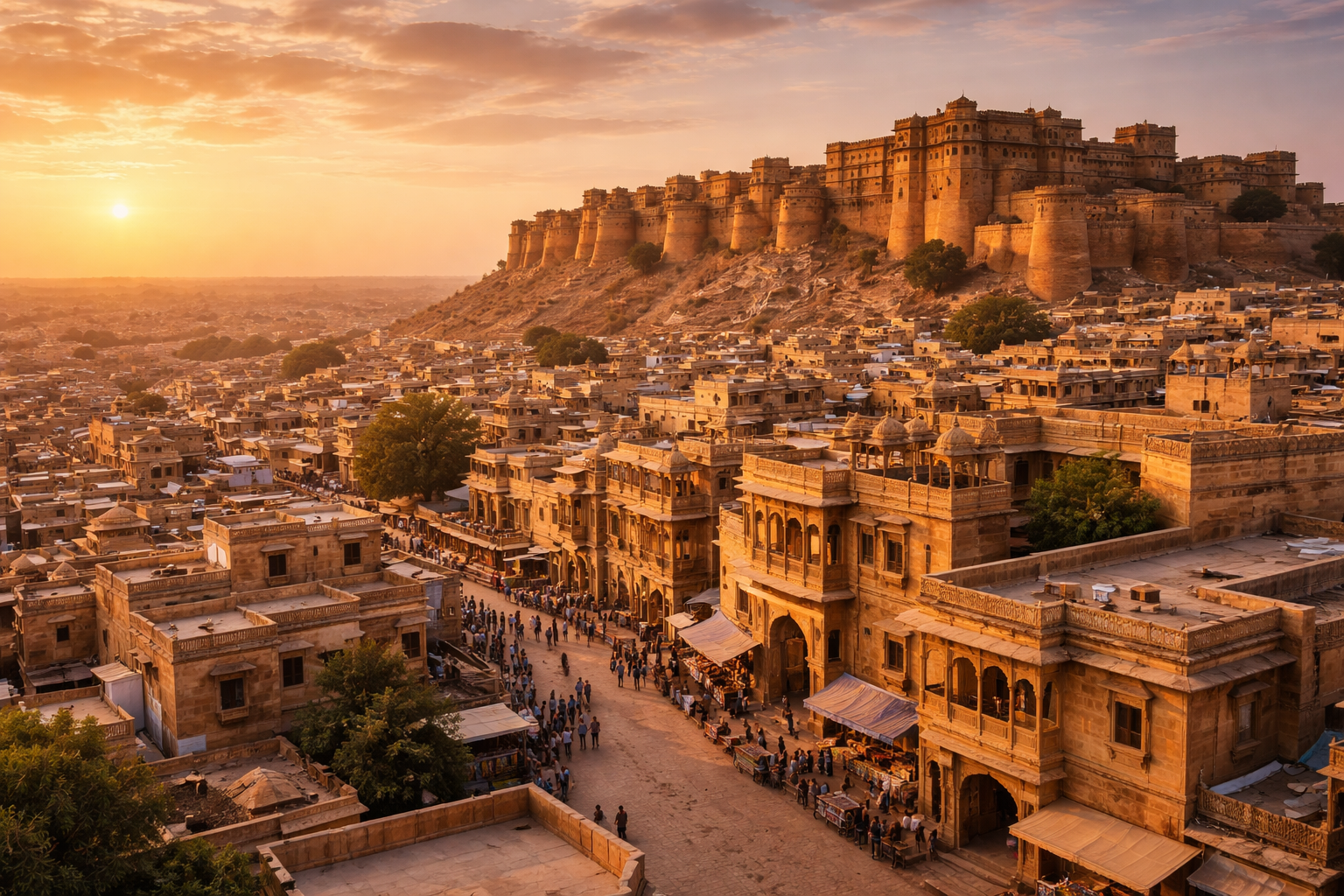 جیسلمیر کا سنہری شہر، ریتلے رنگ کی عمارتیں، قدیم قلعہ اور غروبِ آفتاب پر صحرا کے گرم رنگ۔