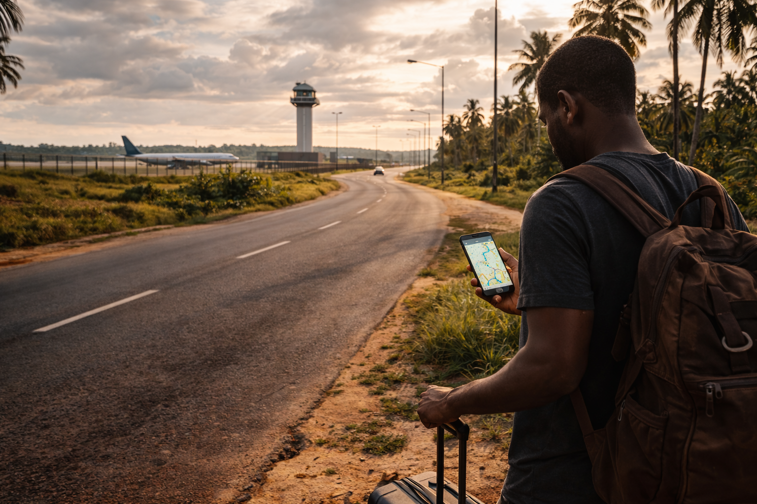 Bushrodo sala ir keliautojas su bagažu, žiūrintis maršrutą