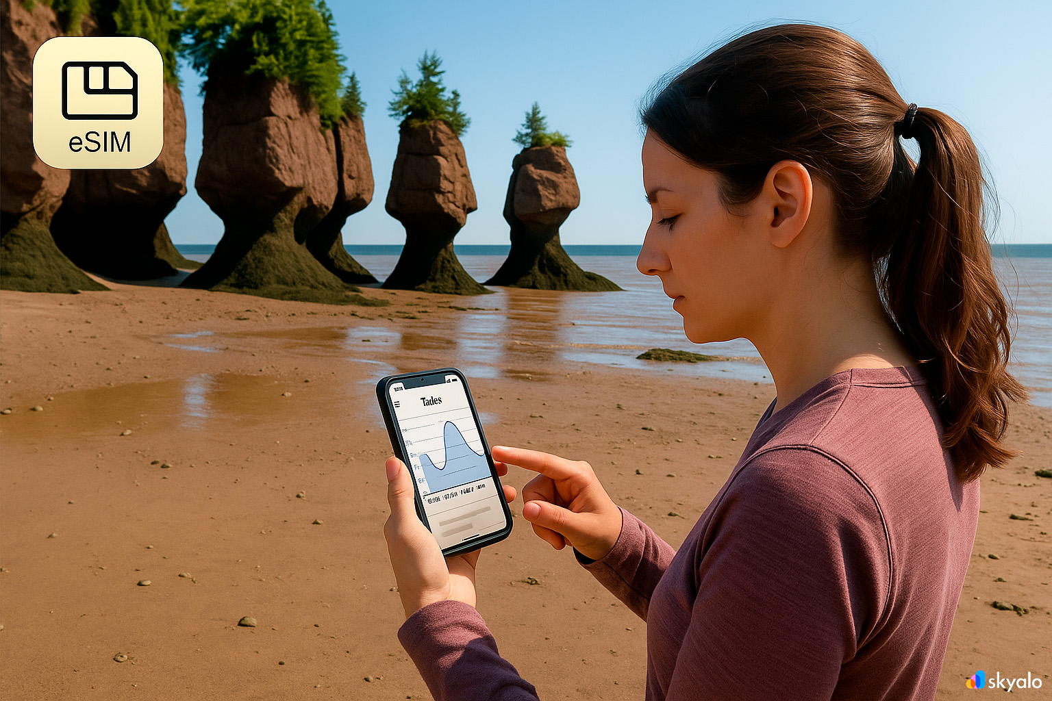 Туристка фотографирует Hopewell Rocks при отливе; на смартфоне график приливов, красная глина и зелёные «шляпы» скал