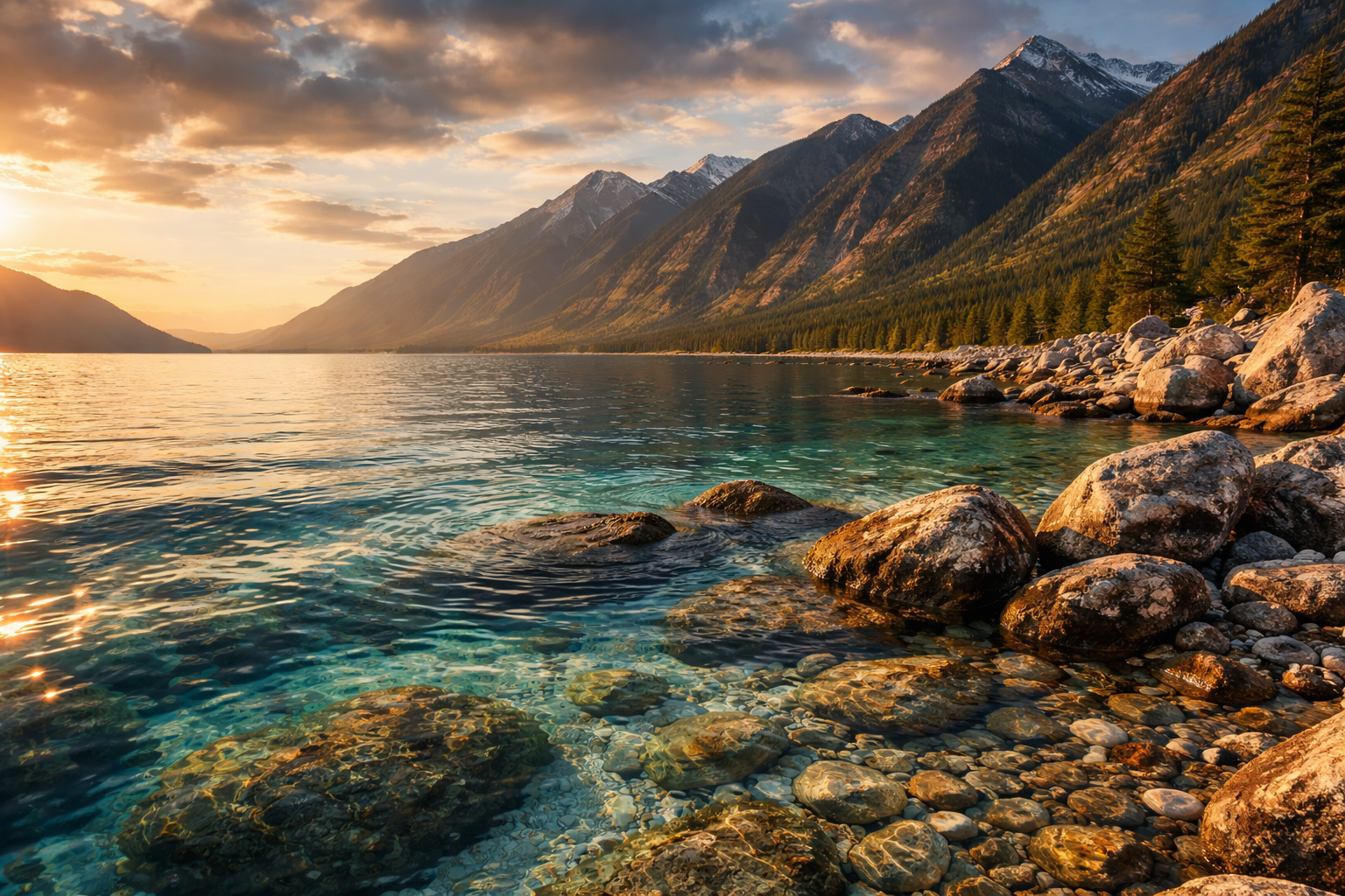 Lago Baikal con acqua trasparente e montagne.