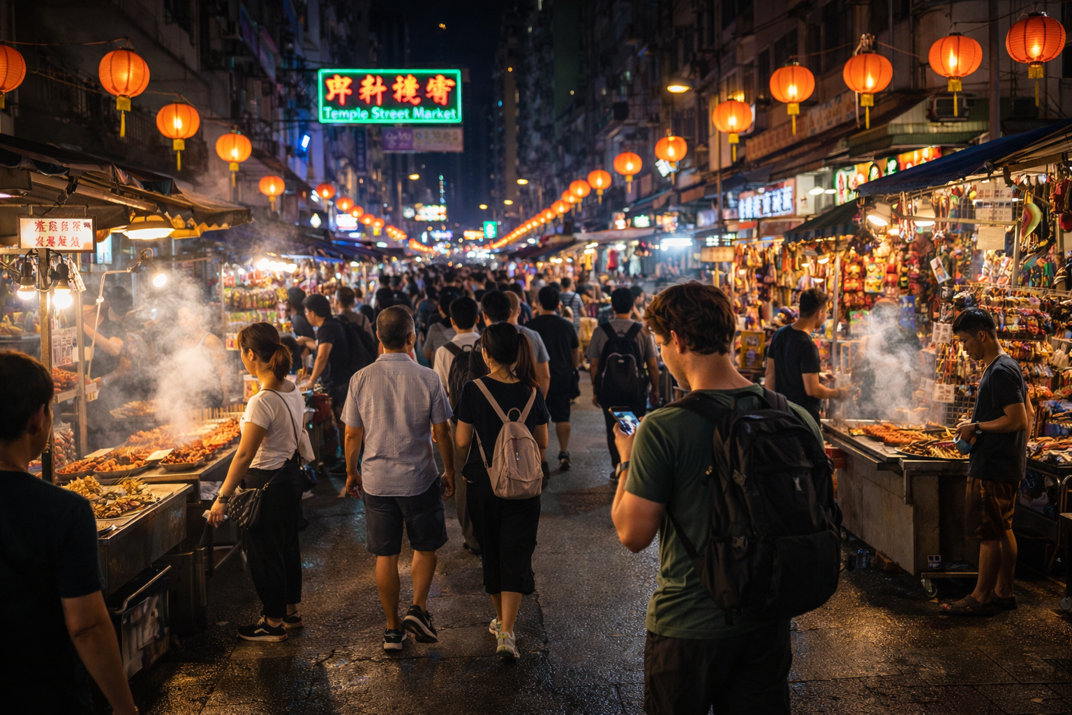 Temple Street Night Market with street food and market stalls.