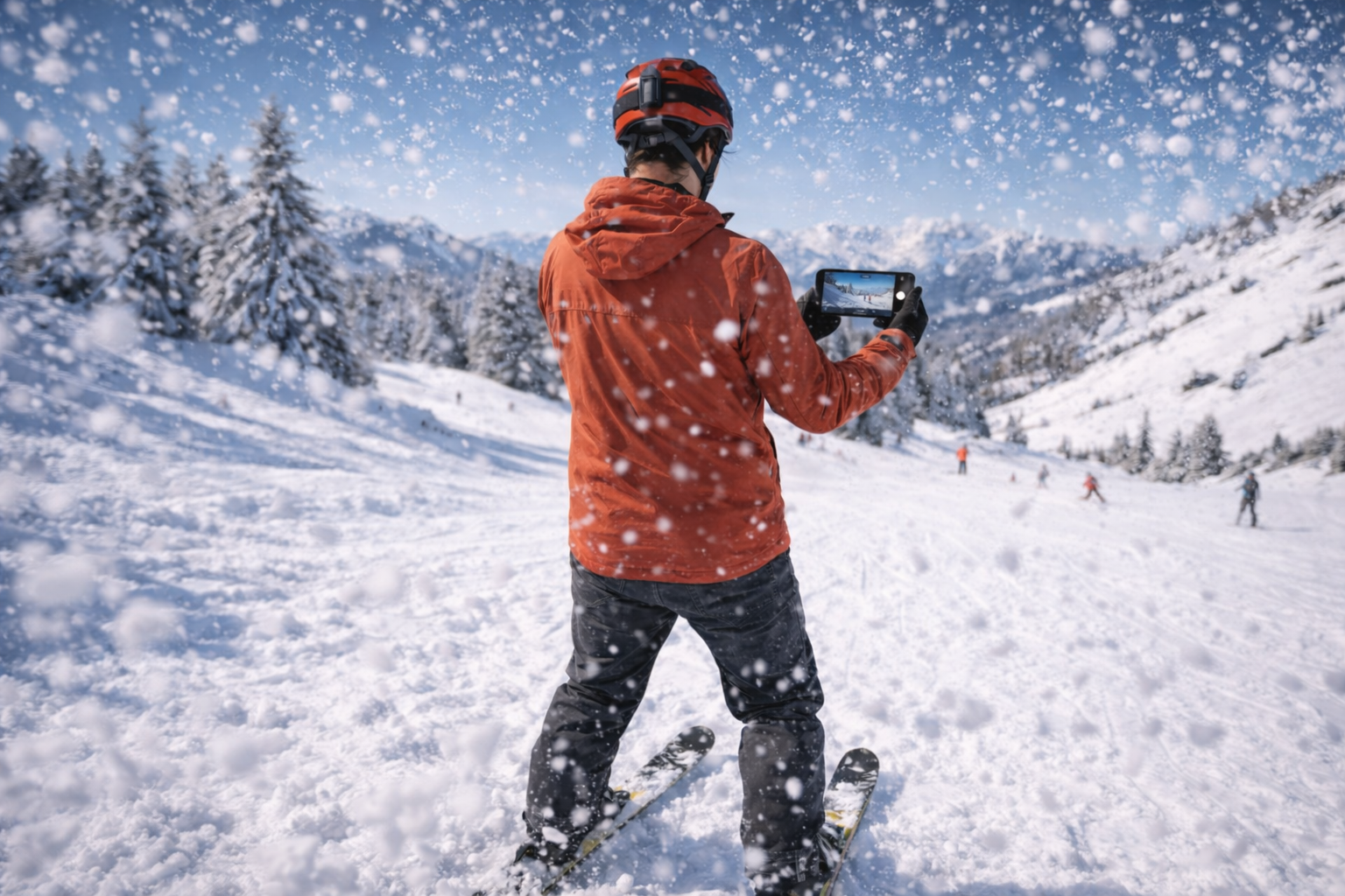 Filming a ski slope in Stubaital on a smartphone with an eSIM for traveling in Austria