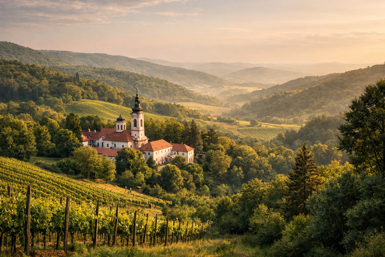 Fruška Gora National Park with forests, monasteries, and Serbia’s wine regions.