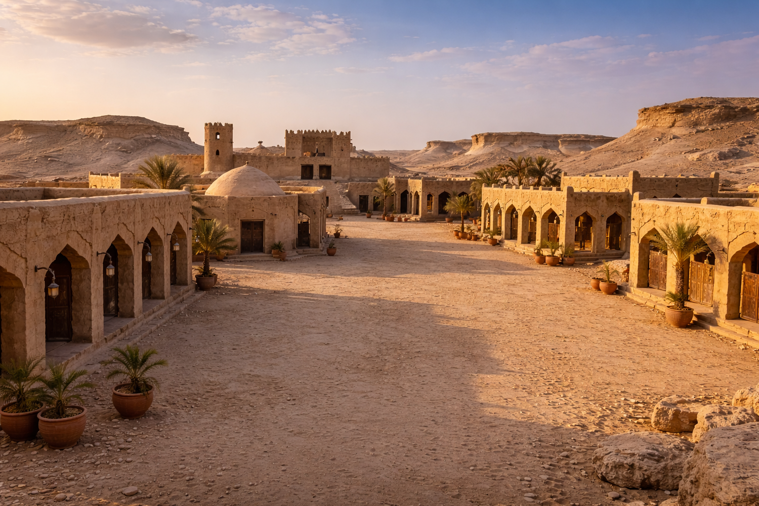 Film City במדבר של קטאר עם אדריכלות בסגנון יישוב ערבי עתיק