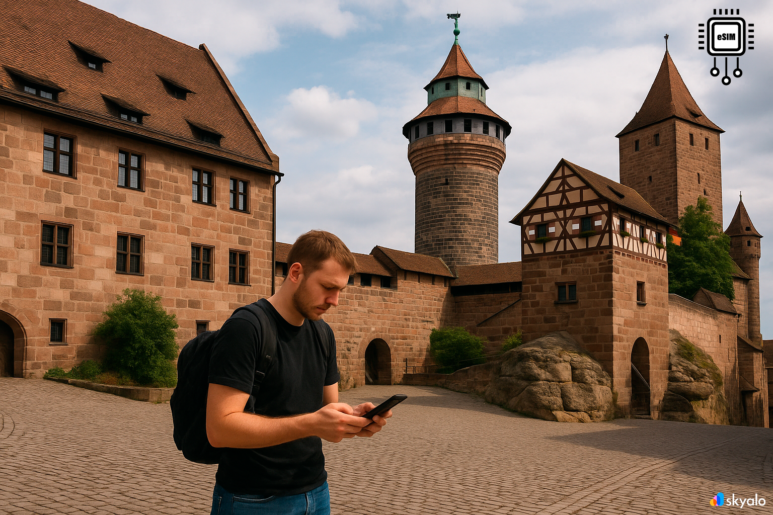 Nuremberg Castle; a tourist is mapping a route on a smartphone with eSIM
