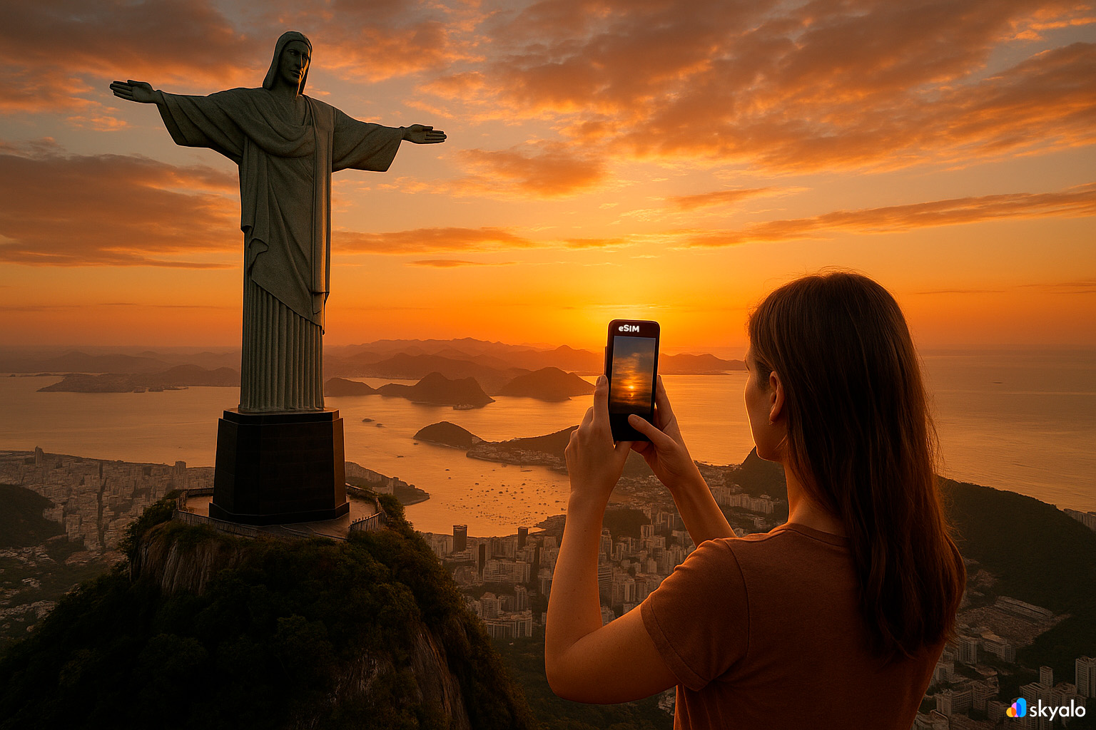 Tourist photographing Christ the Redeemer in Rio at sunset with a smartphone and Skyalo eSIM