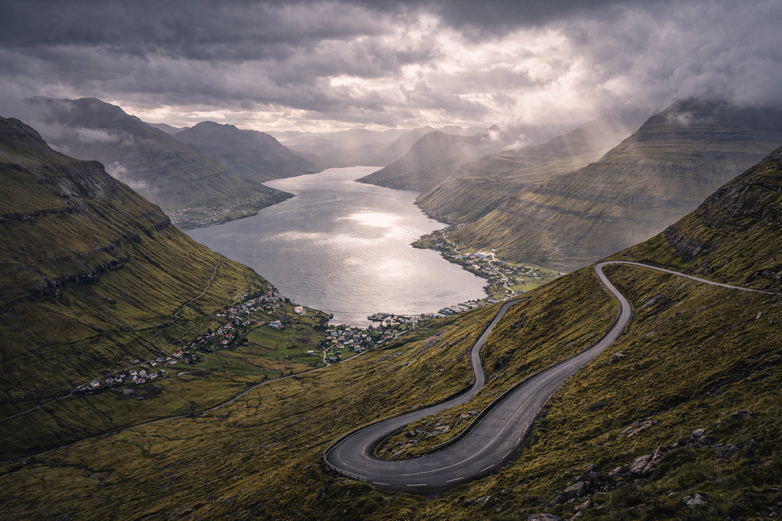 Panoramiczny widok na Eysturoy z górskimi drogami, fiordem, zielonymi zboczami i wioskami Wysp Owczych