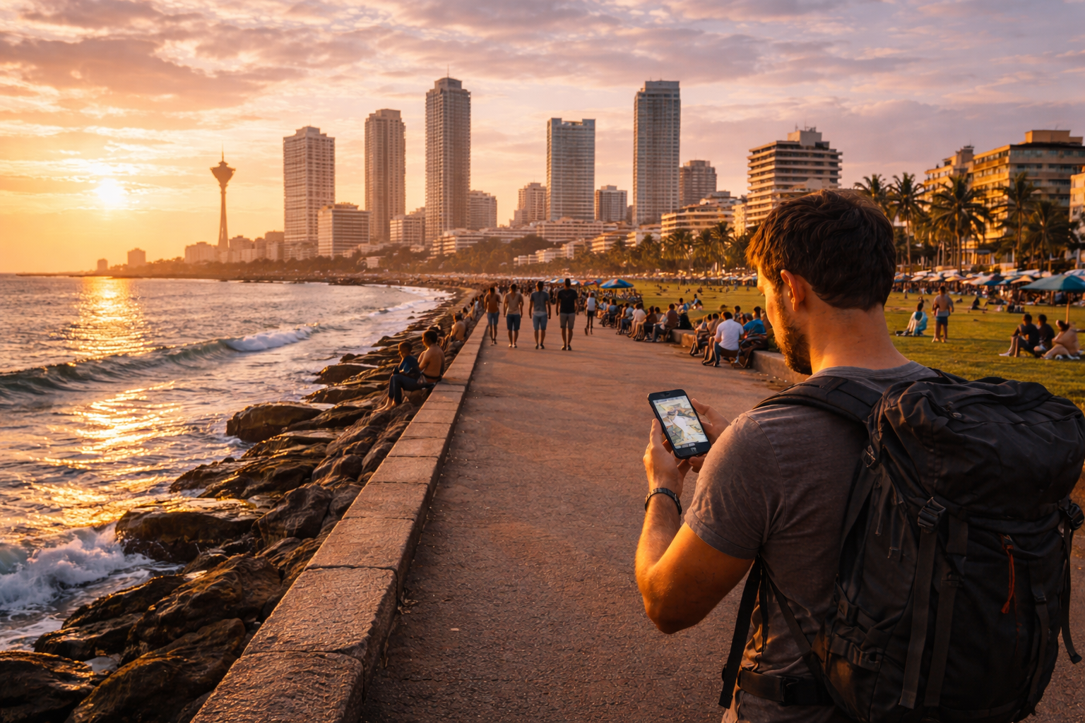Colombo’s modern cityscape with the Galle Face Green promenade in Sri Lanka.