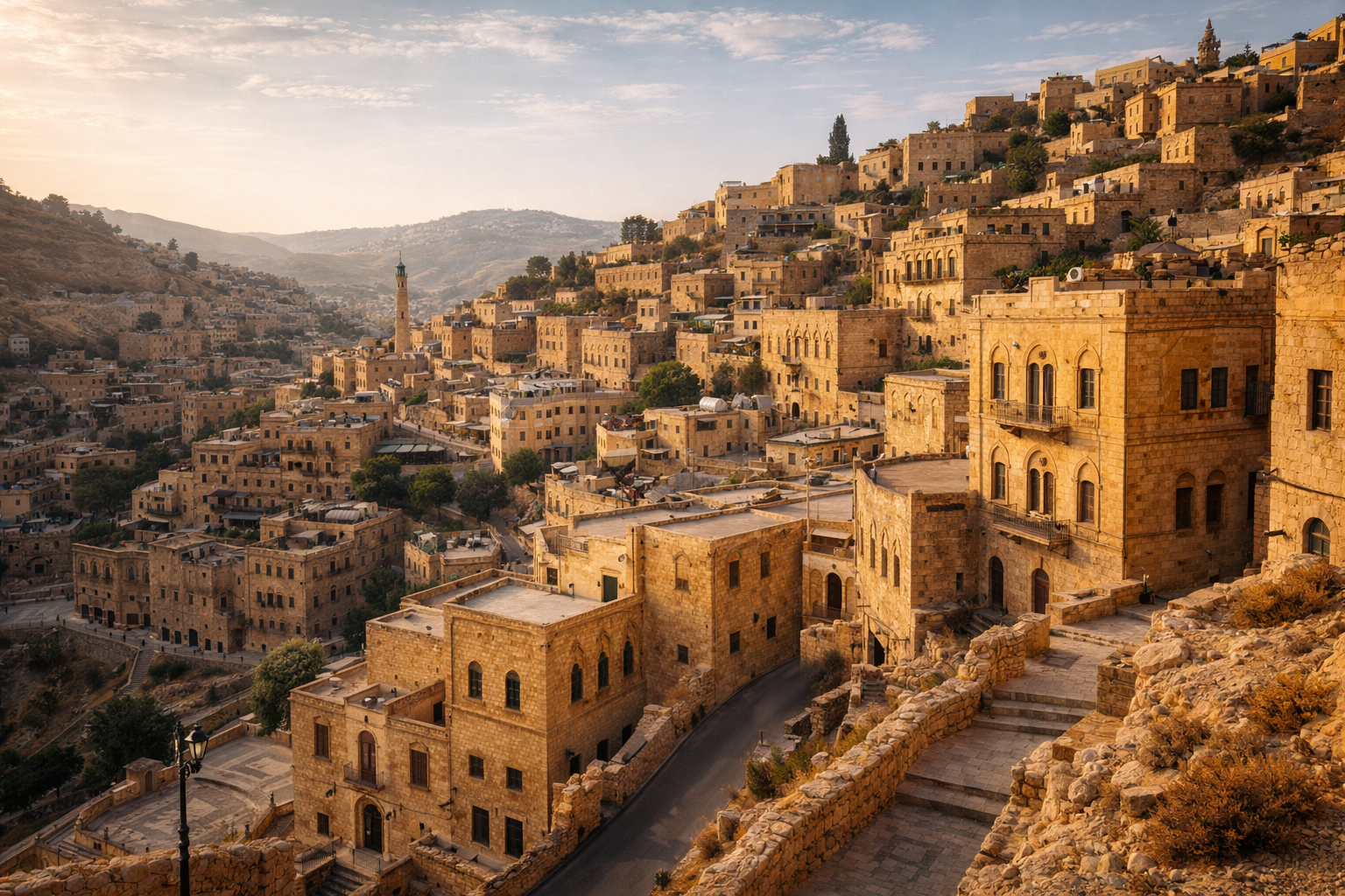 העיר ההיסטורית סאלט בירדן עם ארכיטקטורה צהובה, רחובות על גבעות ומבנים עתיקים