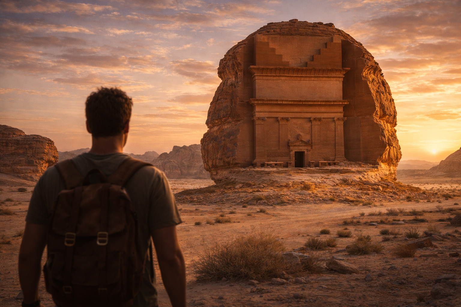 Turista pri starovekých hrobkách v Hegre