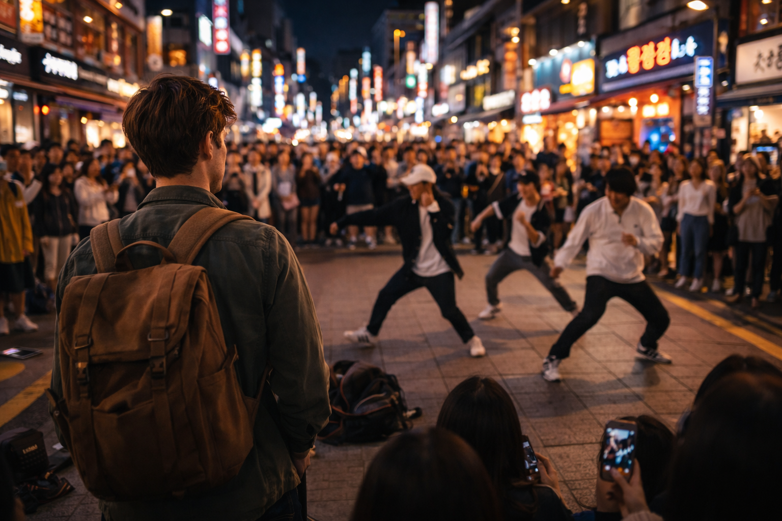 Występ uliczny w dzielnicy Hongdae