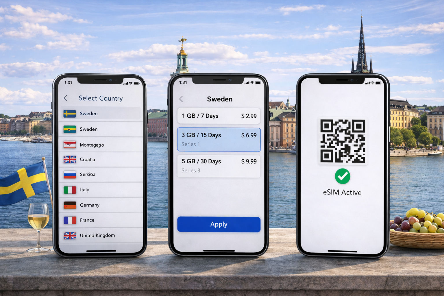 Three smartphones with eSIM connectivity in Sweden against the backdrop of Stockholm