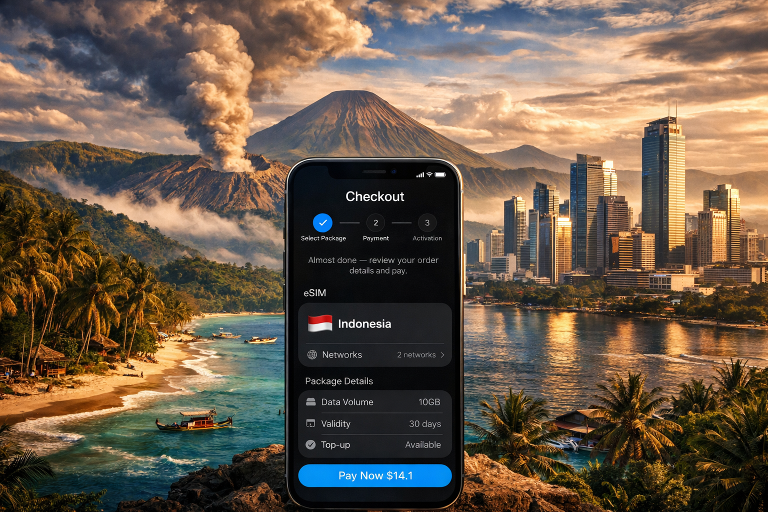 A smartphone with an Indonesia eSIM setup against a volcano and the Jakarta skyline