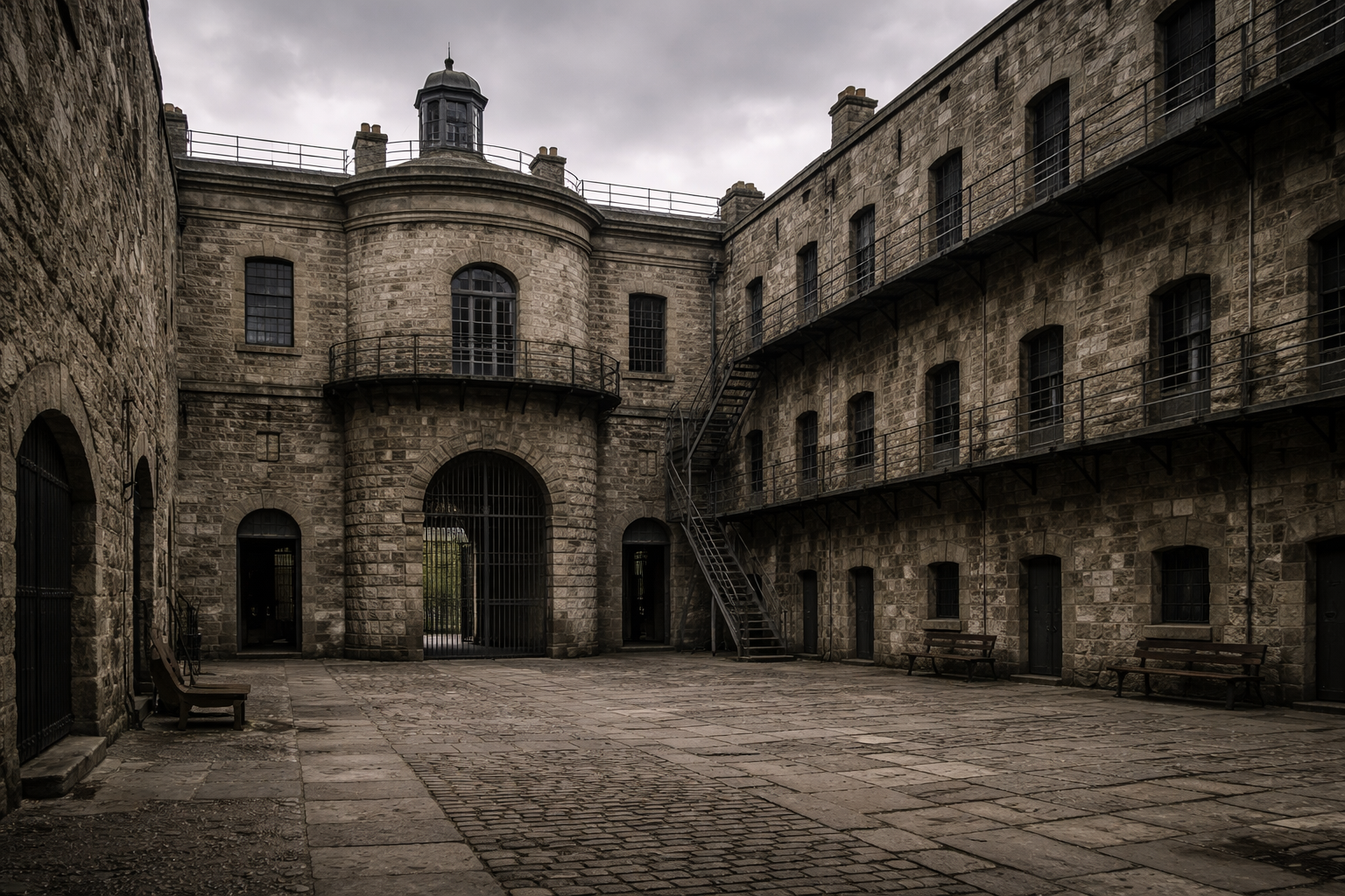 כלא קילמיינהאם בדבלין עם אדריכלות היסטורית מסיבית, חצר פנימית ואווירה קשוחה של אתר מורשת לאומית חשוב.