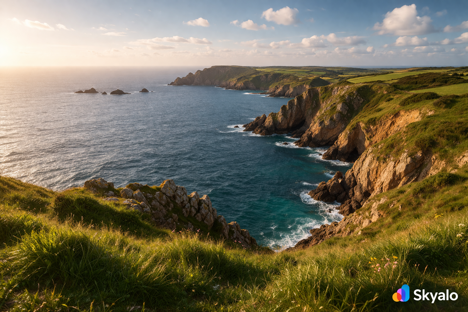 נוף פנורמי מכף נוארמון בג'רזי לים, צוקים חופיים ושמיים פתוחים.