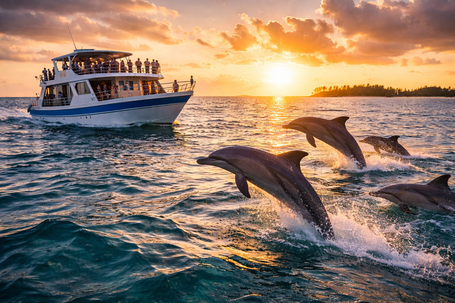 Dolphins near a boat at sunset