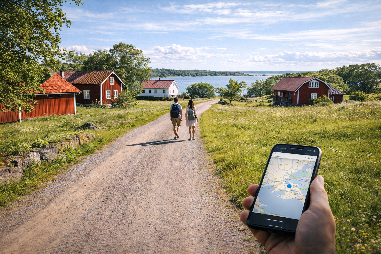A village on the island of Föglö with wooden houses and travelers with an eSIM-enabled smartphone