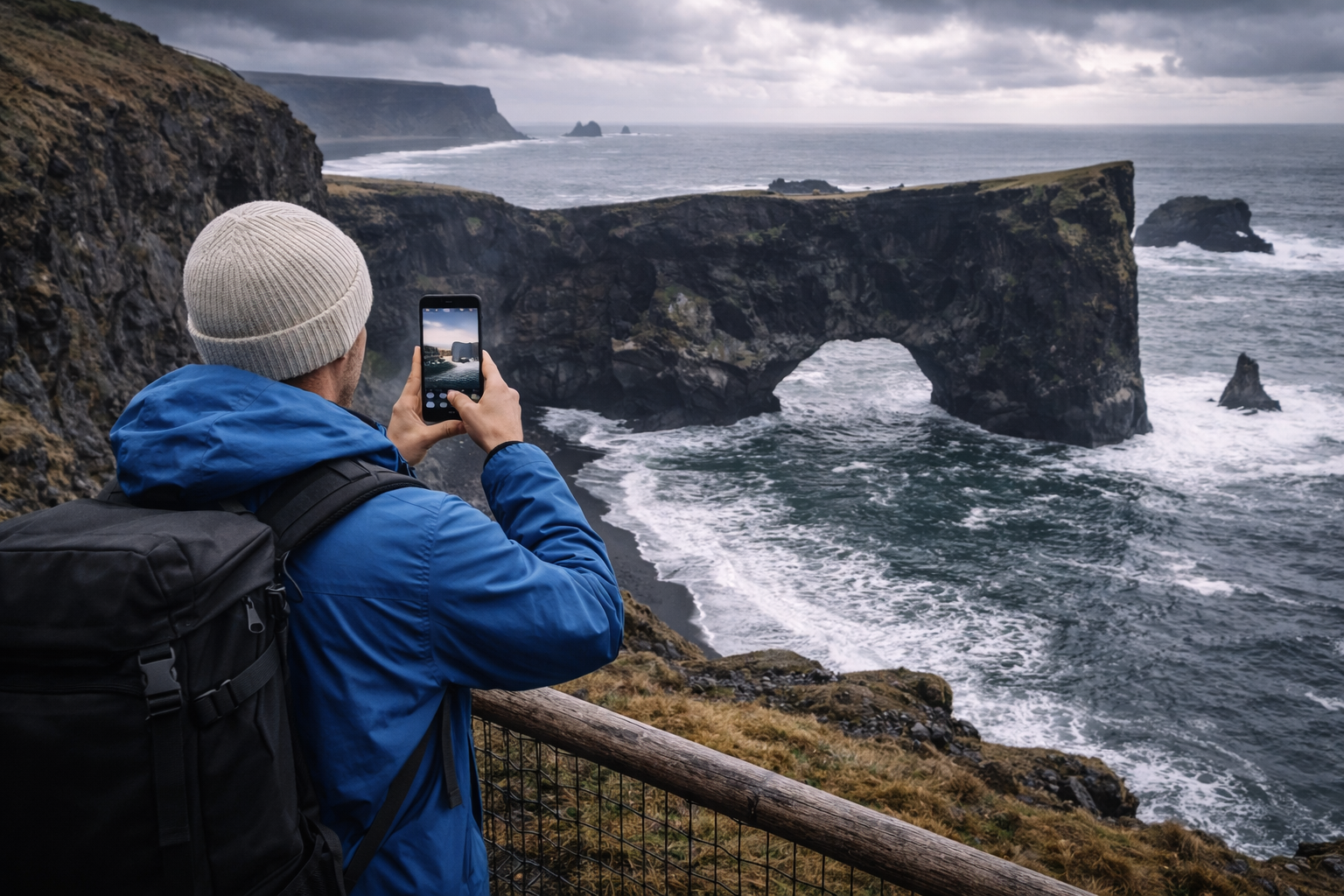 Dyrhólaey Islandē ar augstām klintīm, akmens arku, okeāna viļņiem, melnām pludmalēm un ceļotāju ar viedtālruni un eSIM skatu punktā